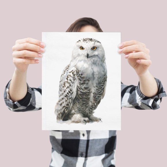 Watercolor Snowy Owl Portrait Wall Art Print, Unframed - Mystic Winter Grace - Picture 4 of 6